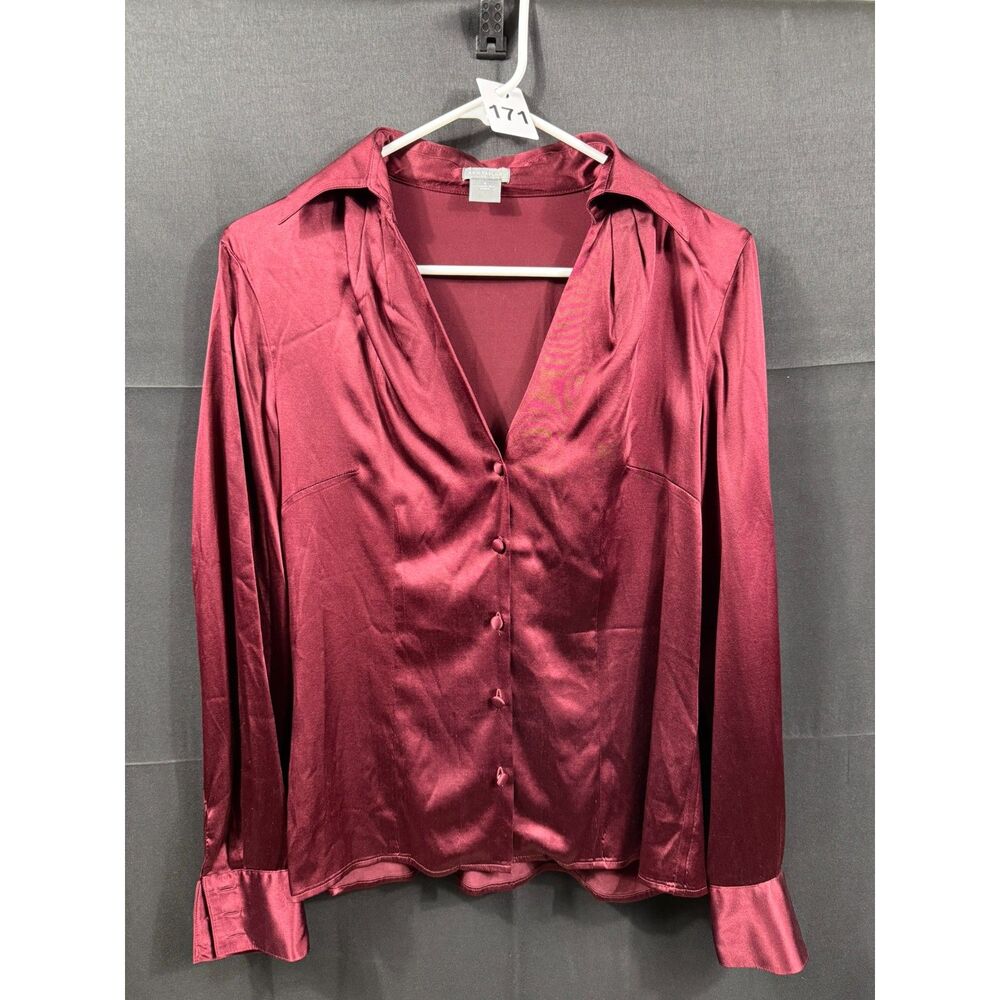 (4) - Ann Taylor Women's Silk Blend Satin Button Front Blouse Burgundy Maroon